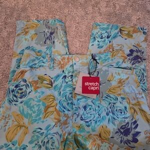 Gloria Vanderbilt Teal Aqua Floral Capri Stretch Capri Pants Sz 10